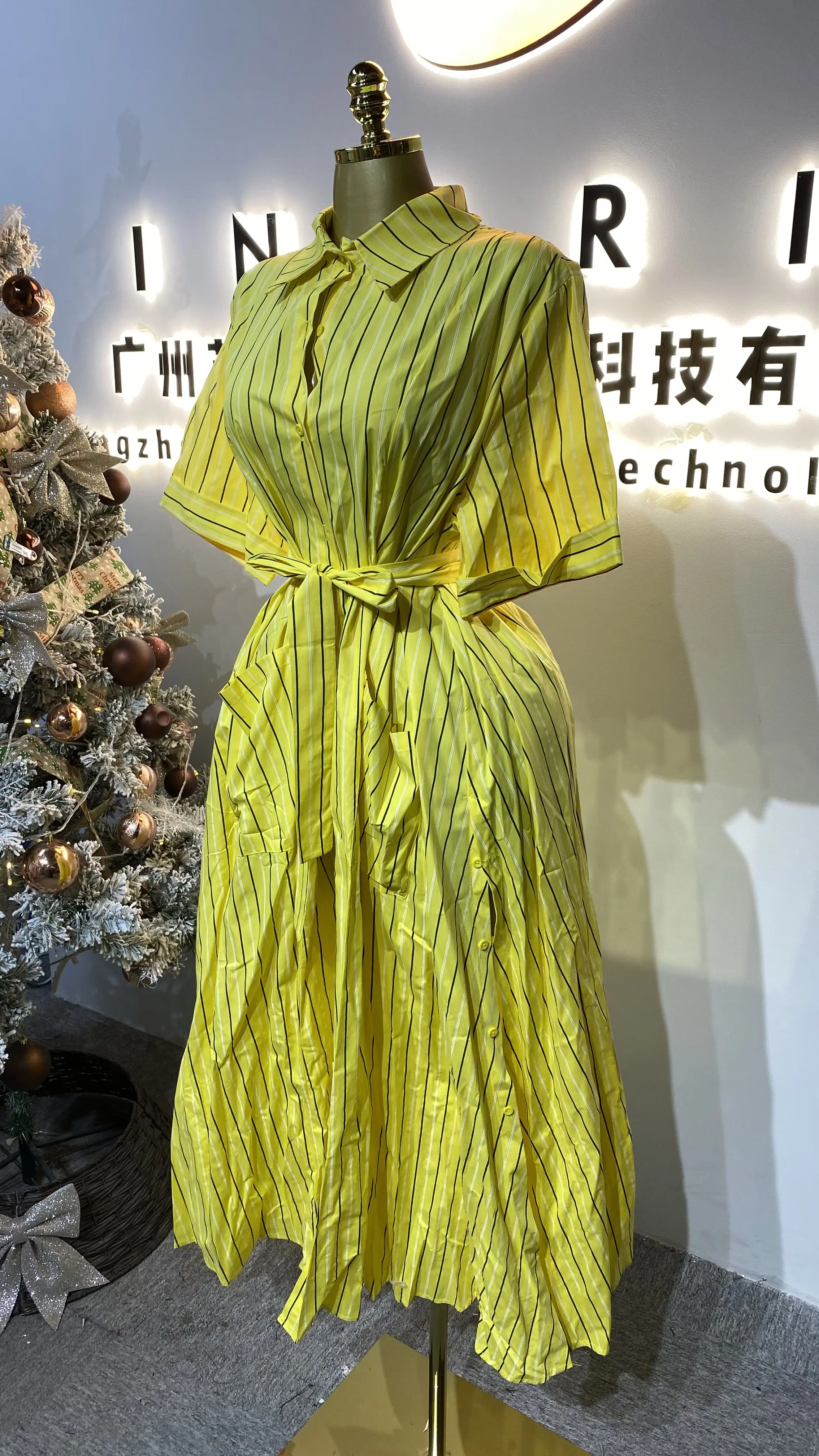 High-quality Summer Women's Belted Short-Sleeved Single-Breasted Solid Color Shirt Dress-GZXX454