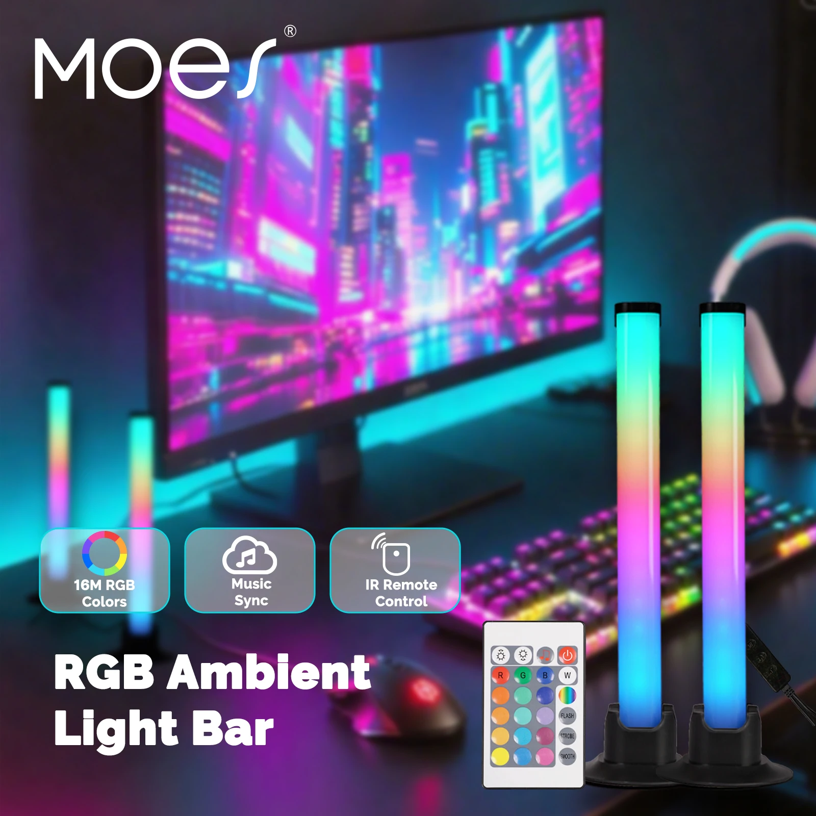 MOES RGB Light Bar PC Desktop Home Decor Cabinet Backlight Gaming Room Music Sync Rhythm USB Powered With IR Remote Control
