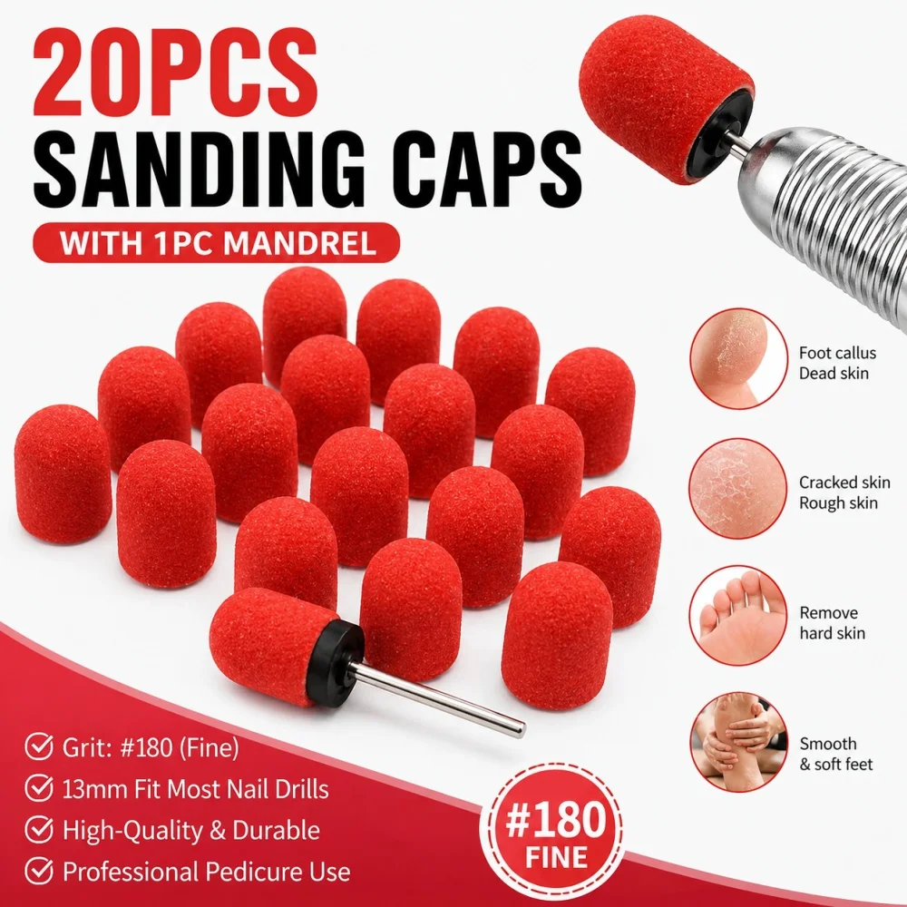 20Pcs 13mm Nail Drill Bits Sanding Caps 80 120 180 Grit with Mandrel Electric Nail File Manicure Pedicure Callus Remover