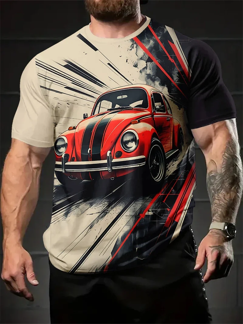 Fashion Men's Vintage Red Beetle Car Print T Shirt Retro Classic Automobile Graphic Tee Sporty Streetwear Tops