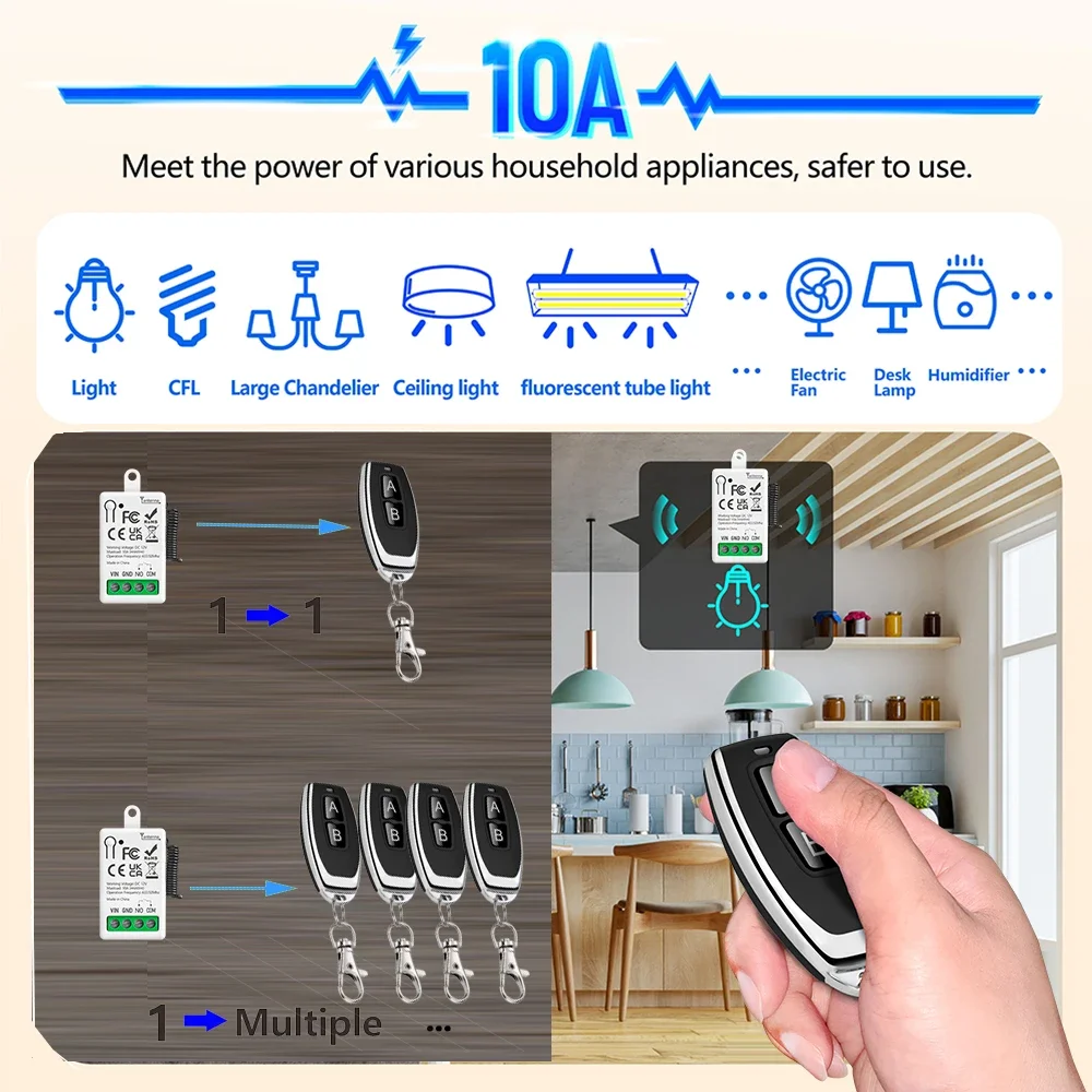 ガレージドア用ユニバーサルワイヤレスリモコン,LEDライトドア用ミニレシーバー,電磁ロック,433mhz,dc12v,1ch,10a