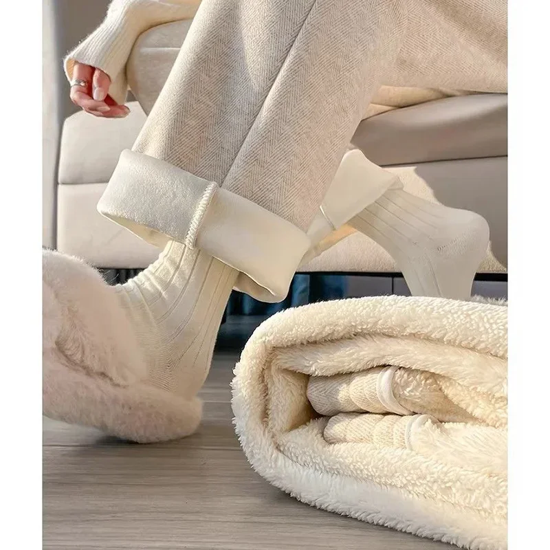 Winter Female Classic High Waist Plush Slacks Girls Snow Warm Thin Fleece Pants Women Korean Fashion Straight Leg Trousers