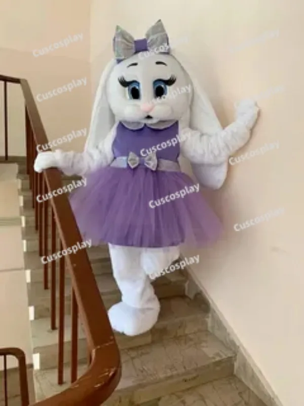 

Cute Hare Rabbit Mascotte Fancy Cartoon Grey Bunny Mascot Costume Plush Fancy Purple Dress Mascot Costume