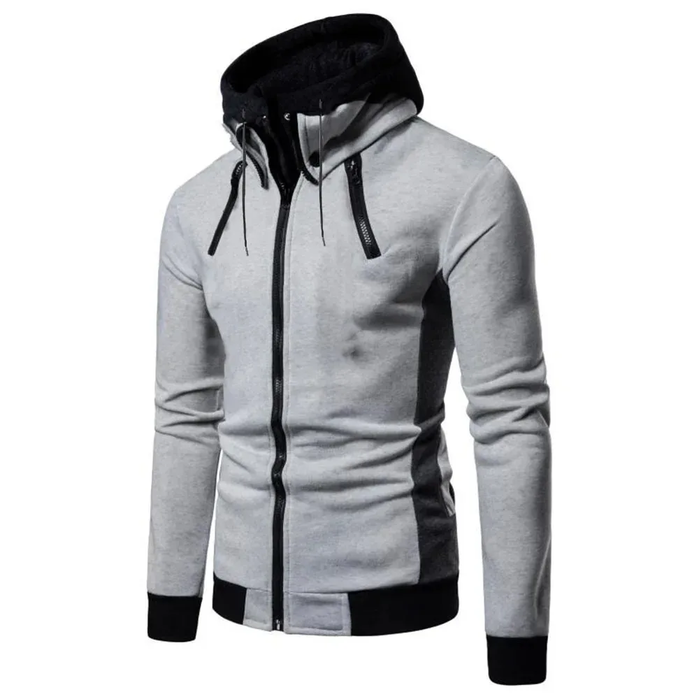

Autumn Men's Thin Fleece Colour Collision Design Slim Fit Sweatshirt Warm Hooded Windproof Simple Style Jacket Fashion Tops
