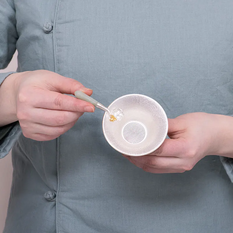 Handmade Pure Silver 999 Tea Infuser with Jade Handle Heat Insulated Kungfu Teaset Strainer for Tea Leakage Filter