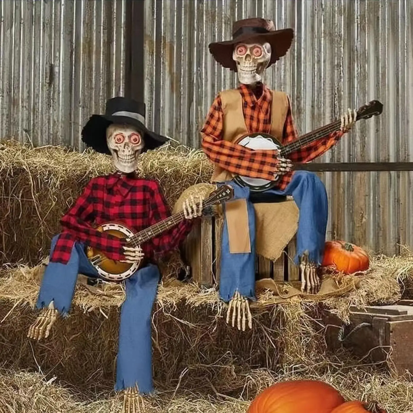 Musikalisches Halloween-Skelett mit leuchtenden Augen und beweglichen Gelenken – animierte Outdoor-Dekoration für Hof, Garten, Veranda, Spukhaus