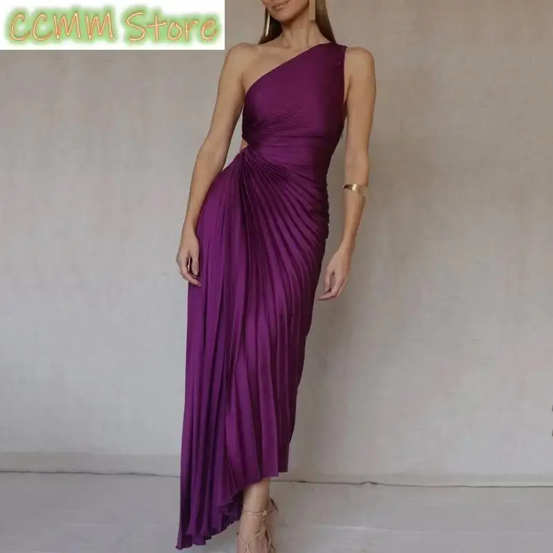 

Spring Summer Backless Sleeveless Irregular Party Dresses Elegant Women Ruffled Pleated Diagonal Collar Maxi Dress Evening Dress