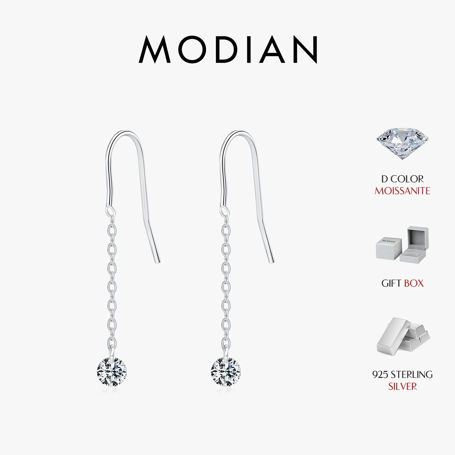 MODIAN 0.6CT D Color Moissanite Drop Earrings 925 Sterling Silver Lab Diamond Link Chain Hook Earrings For Women Fine Jewelry