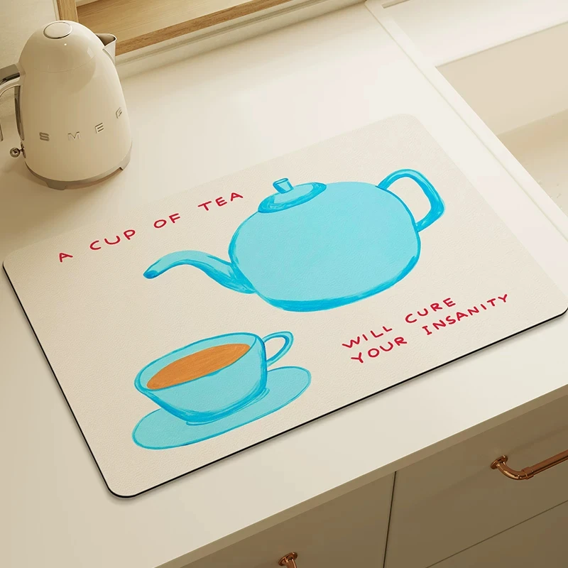 Creative Tea Set Pattern Dish Drying Mat Absorbent Leather Kitchen Counter Mat Fast Drying Table Protector Drain Pad