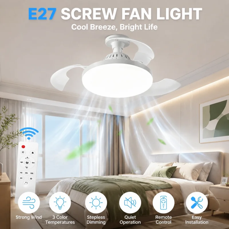 LED Ceiling Fan Light Retractable Blades,Remote Control Dimmable Ceiling Fan with Lamp 3 Speed Wind, Smart Timer for Bedroom,E27