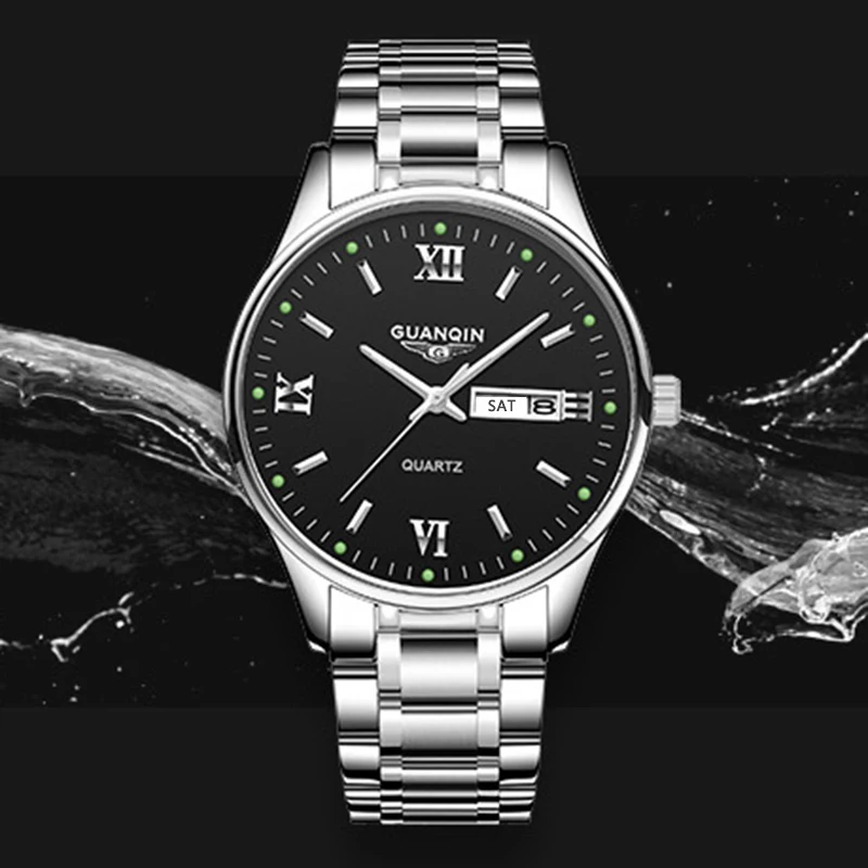 Luxury Men Quartz Watch GUANQIN Brand Stainless Steel Case Date Week Business Leisure 50M Waterproof Luminous Wristwatches