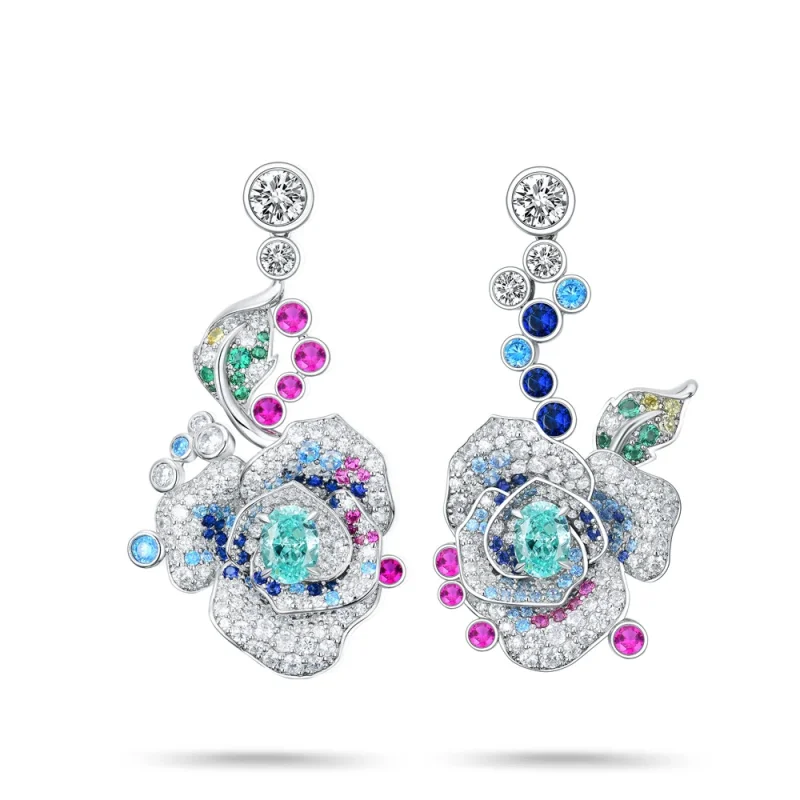 

BELLUX 925 Silver Gold Plated Synthetic Zircon Colourful Gem Rose Flower Women's Luxury Earrings