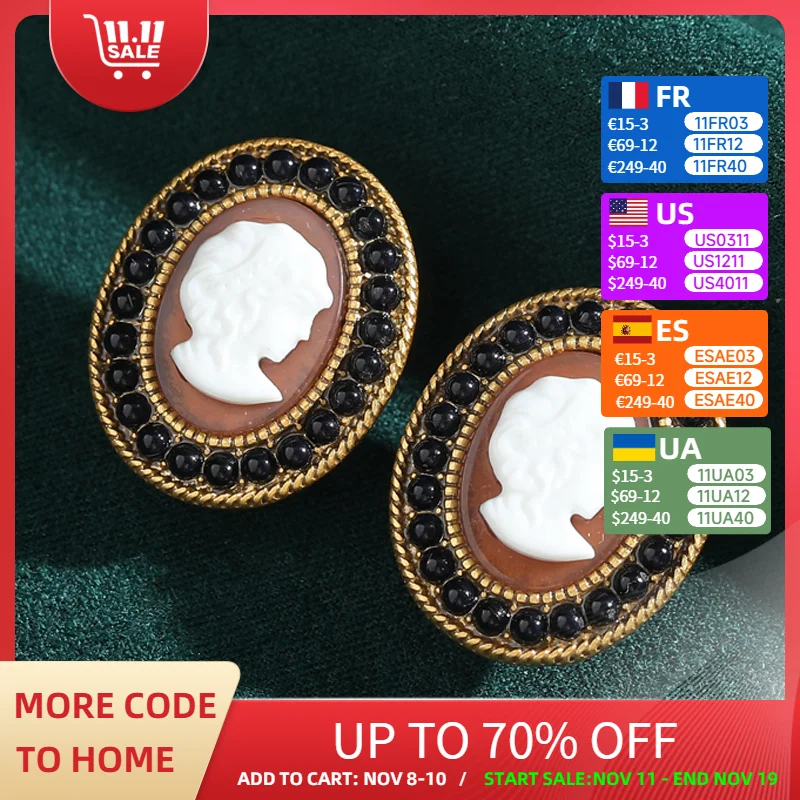

Vintage Black White Cameo Earrings For Woman Hollow Rhinestone Big Stud Gold Color Luxury Quality Designed Gifts Accessories