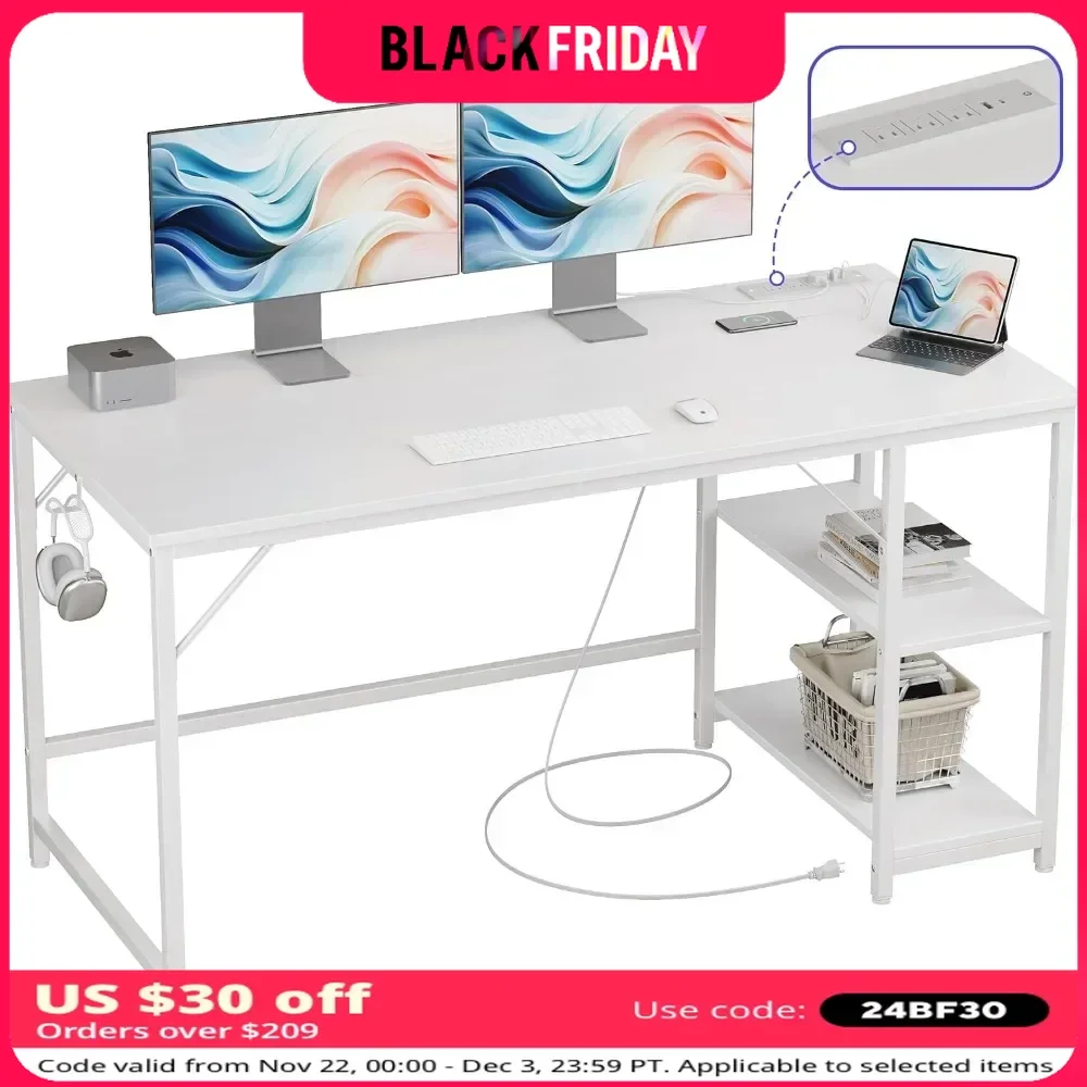 55 x 24 Inch Gaming Computer Desk with USB & Type-C Outlet, Home Office Desk with Storage Shelves for Bedroom