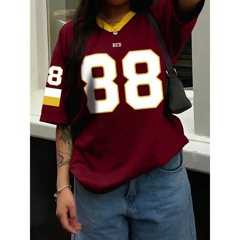 

Футболка большого размера с v-образным вырезом, черная 88, уличная спортивная футболка с 3D принтом на лето 2025, повседневный быстросохнущий дышащий топ Y2k