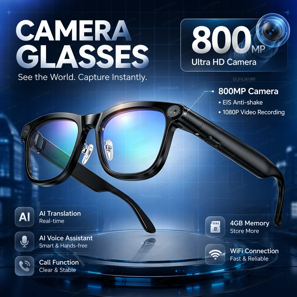 New 8MP Camera Glasses 4K EIS Anti Shake Video Music Bluetooth Call AI Translation Bone Conduction Men Smart Glasses For Android