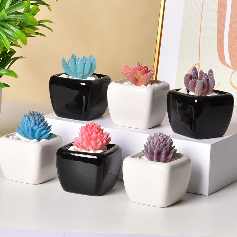 Mini pot carré en céramique noir et blanc pour plantes succulentes, pot à cactus de bureau, décoration de bureau à domicile, cadeau