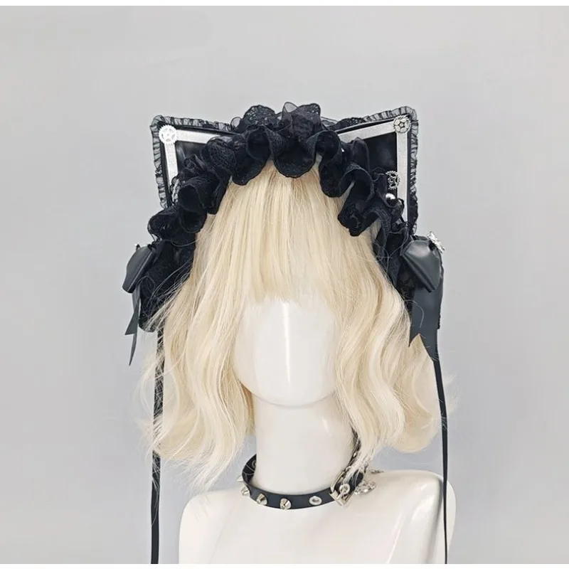 Gothic Maid Cats Ear Hairband with Ruffle Bowknot Design Hair Clip Decorative Anime Headband for Women Cosplay Event Dressingup