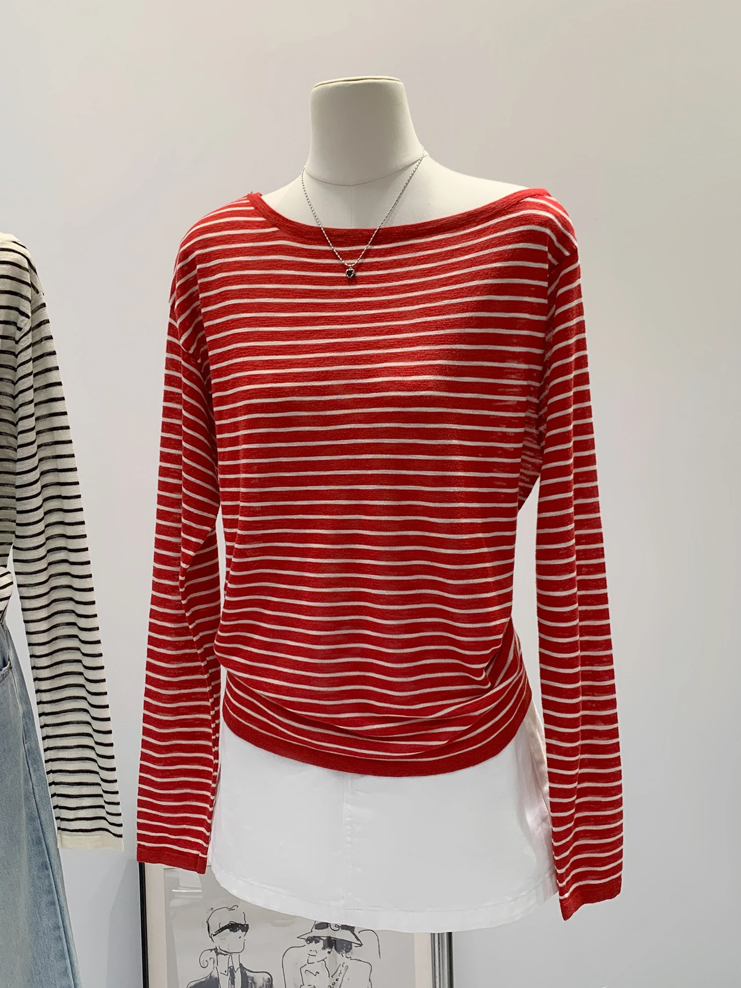 

Spring Early Red Stripes Long Sleeve Knitted Loose Women's Top Comfortable Slimming Cover up Korean Style Commute Fashion