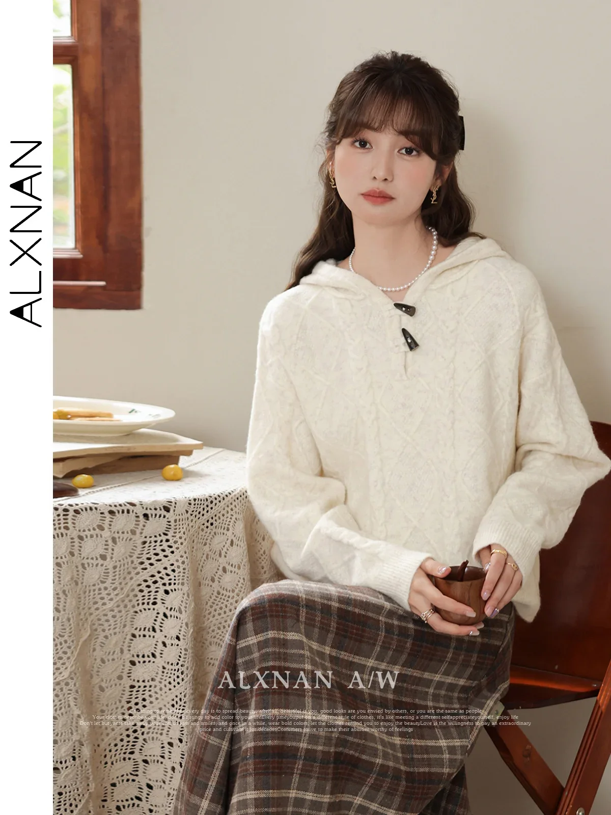 ALXNAN-Jupe plissée à carreaux vintage pour femme, ligne A, mi-longue, épaisse, garde au chaud, chic, nouvelle tendance, automne, hiver, LXN32097, 2024