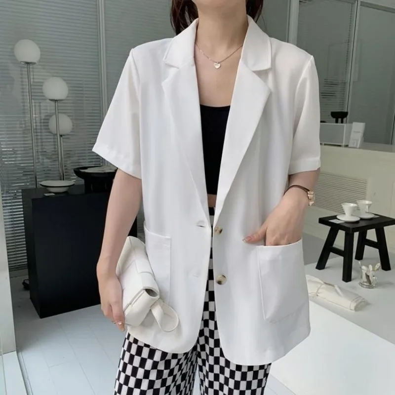 Blazer Women Korean Chic Summer Short Sleeve Suit Jacket Pockets Office Ladies Black Blazer Femenino Women Clothing Thin Tops