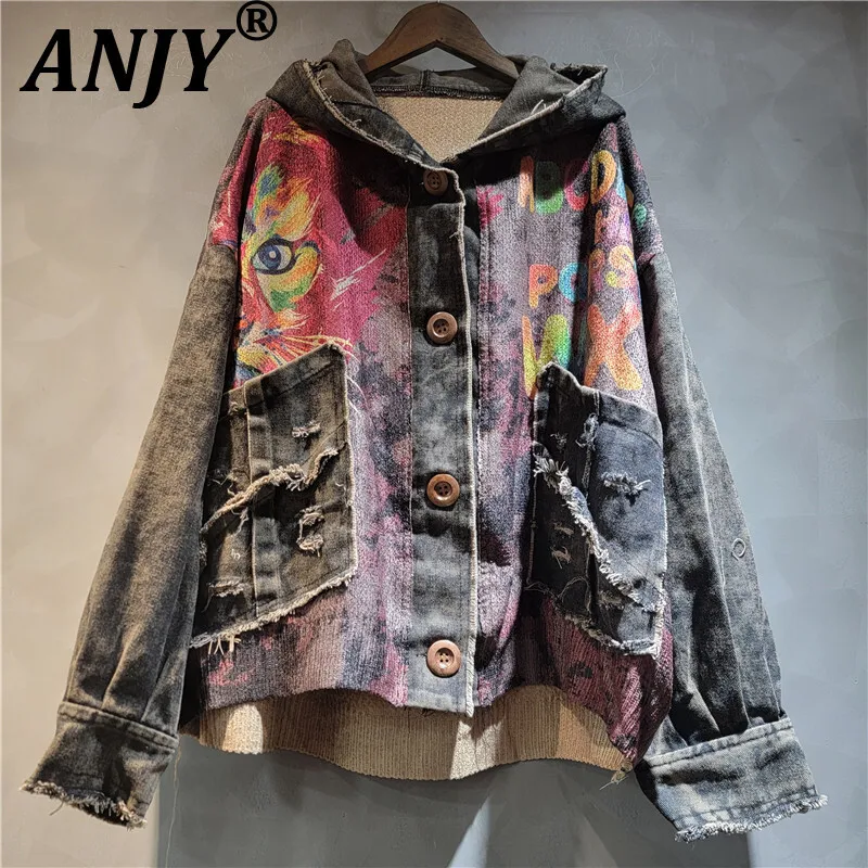 

ANJY Autumn New Women Trendy Jacket Hooded Single Breasted Contrast Color Letter Printed Frayed Denim Streetwear Chic Coat A9808