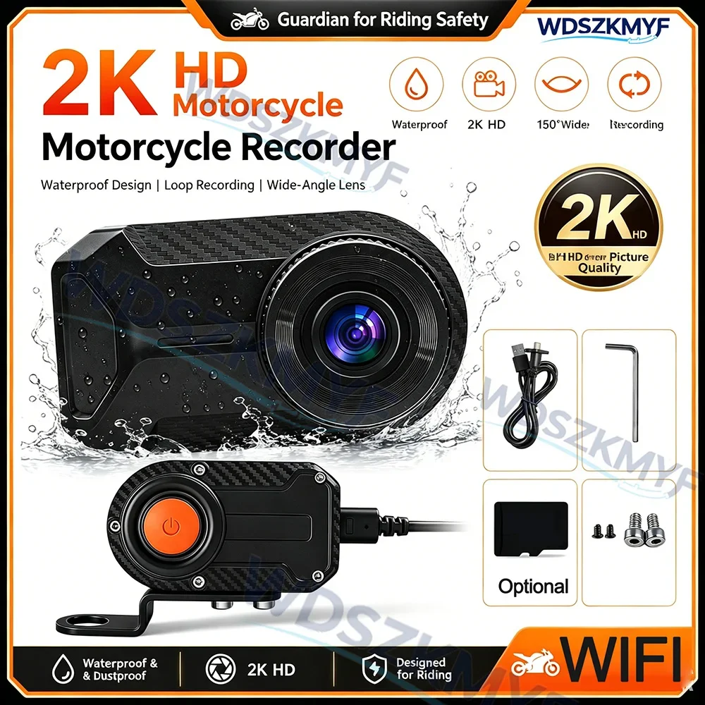 2K HD Motorcycle Dashcam Waterproof IP66 with WiFi & App Outdoor Riding Recorder for Motorbike Accessories
