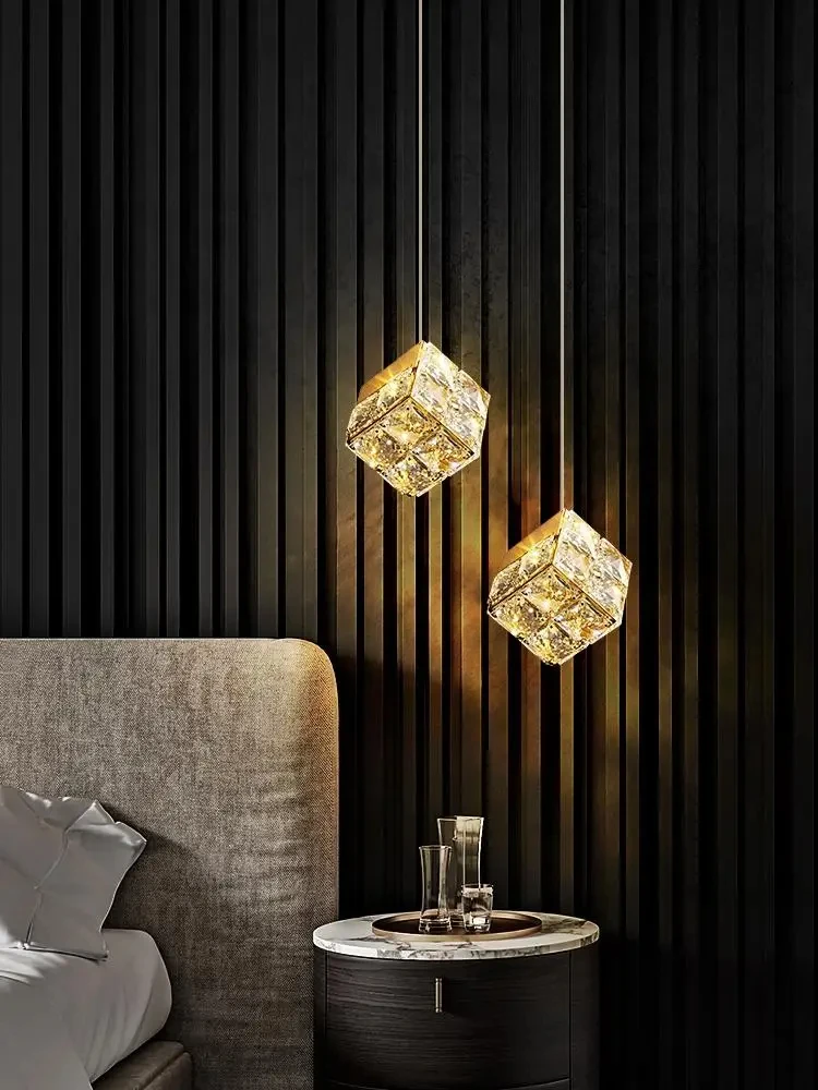 CX143BR Luxury Clear Crystal Cube Chandelier Gold Chrome Stainless Steel Bedroom Bedside Restaurant Hanging Lamp Dropshipping