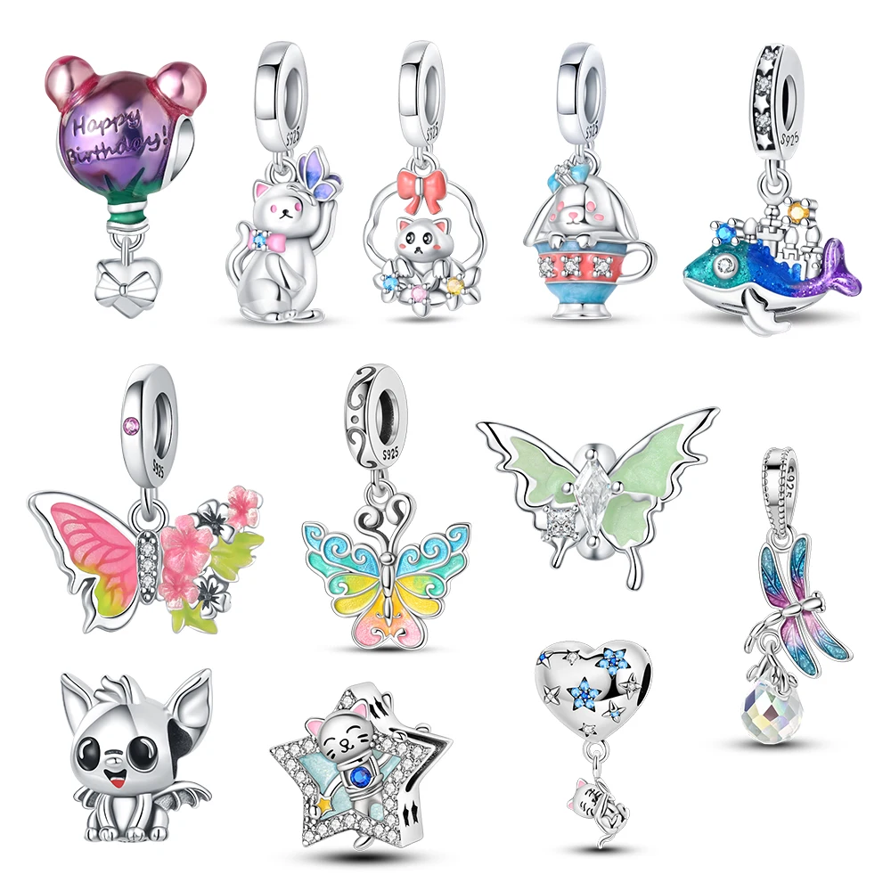 Schöne 925 Sterling Silber bunte Schmetterling Kaninchen kleinen Bären Fisch Anhänger Perlen passen gut Armband Halsketten Geburtstags geschenk