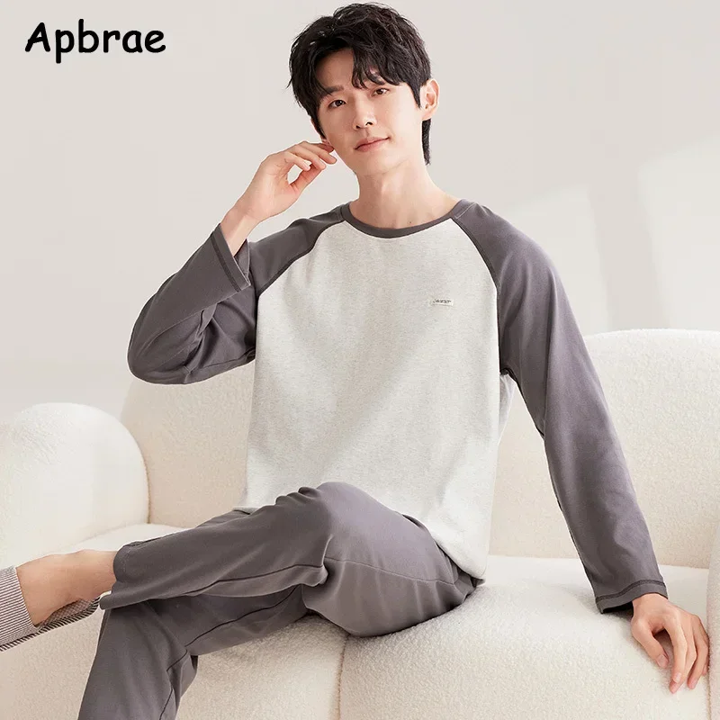 New Autumn Cotton Pajamas for Men Fashion O-neck Pijamas Long Sleeved Full Pants Home Wear Plus Size L-3XL Sleepwear