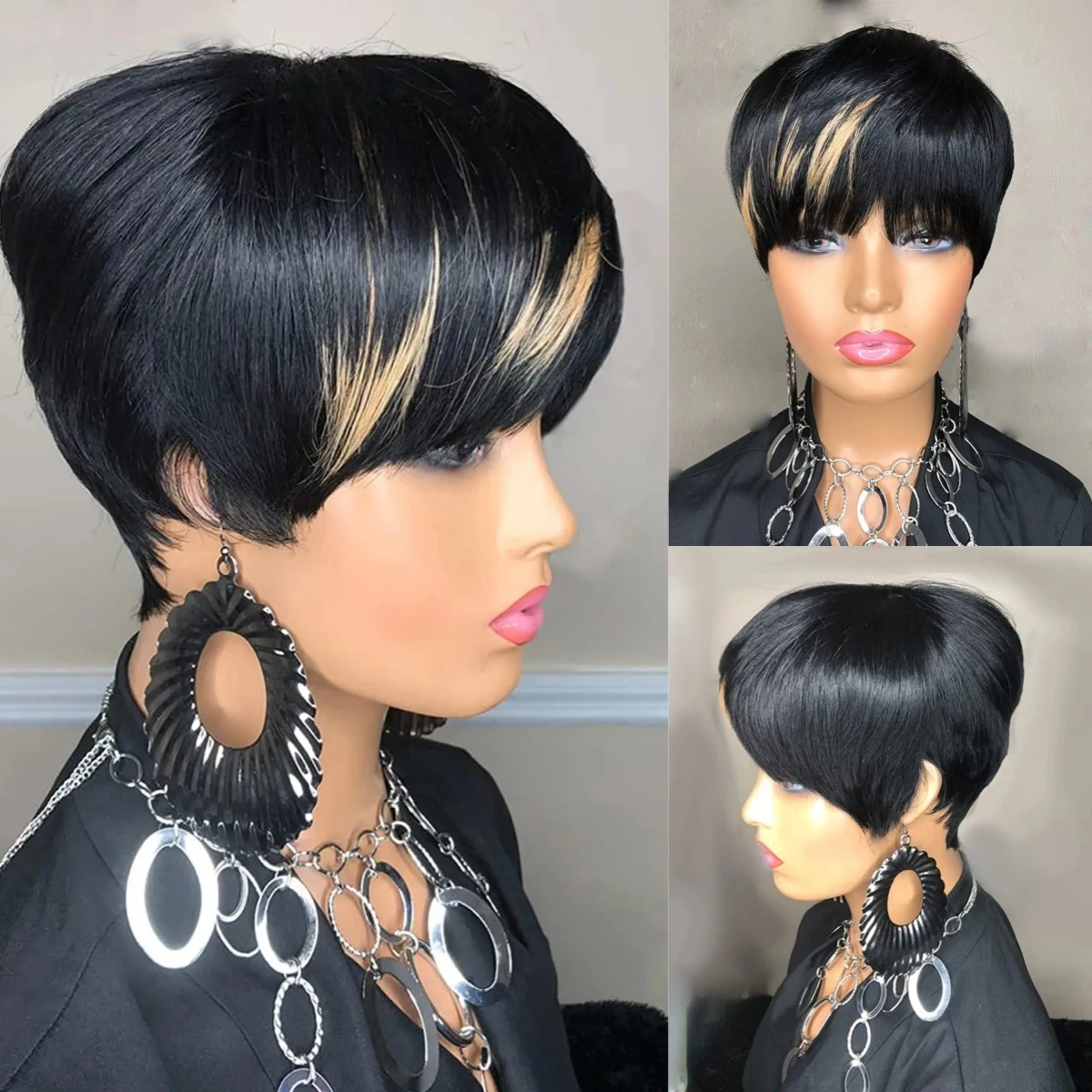 Sintético Pixie corta Bob perucas com franja para mulheres negras, estilo de cabelo, curto, reto, ombre, preto, mel, destaque loiro