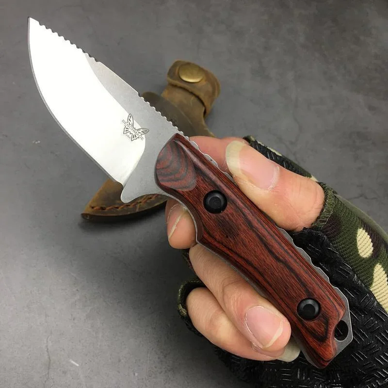 BM 15017 Fixed Blade Knife Drop Point Wood Handles with Boltaron Sheath Straight Knife Multitool Outdoor Hunting Tactical Knives