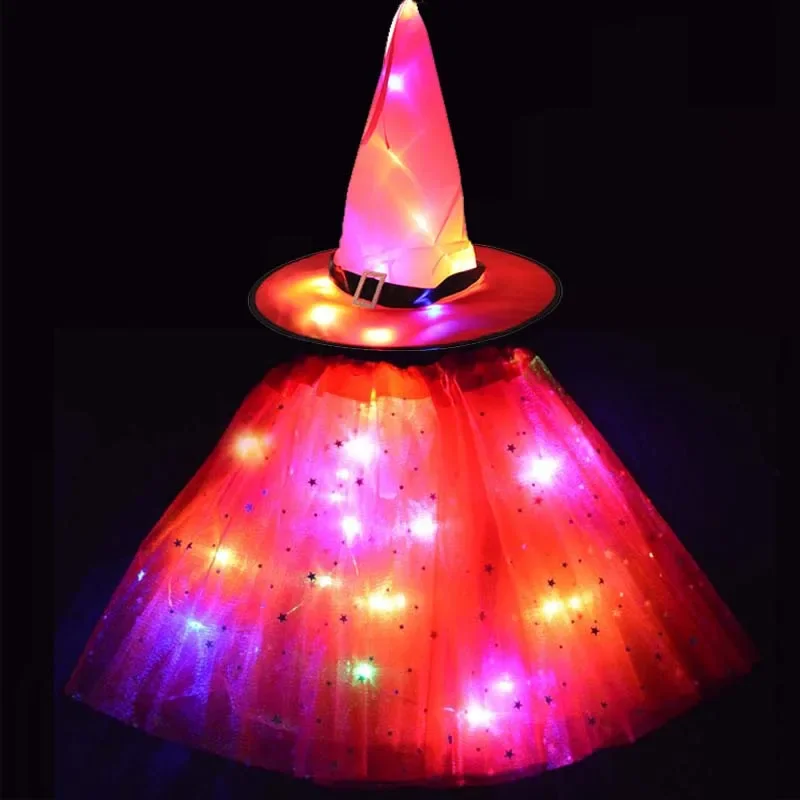 Luminous LED Glow Elf Witch Hat para mulheres, Star Skirt, Spider Web, Wizard Costume, Party Gift, Festival de Halloween, Kids, Girl