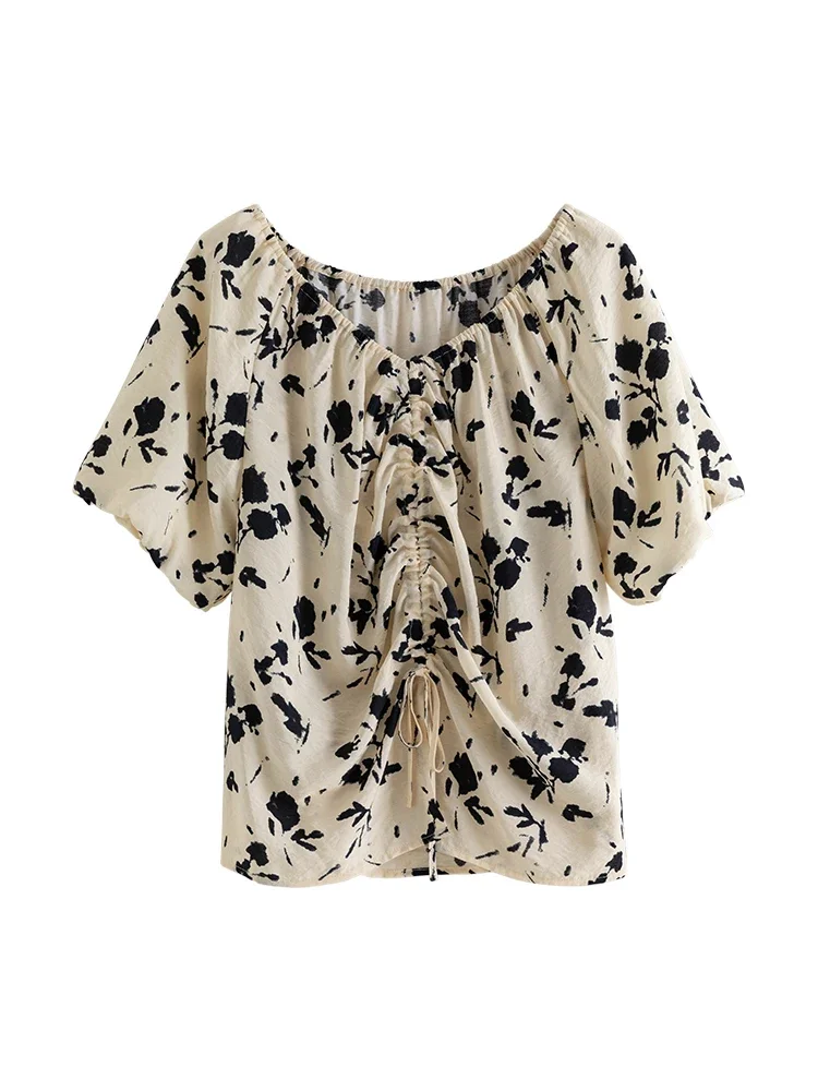 DUSHU New Chinese Style Unique Design Printing Elegant Shirt Summer New V-neck Loose Versatile Casual Top For Women 24DS82644