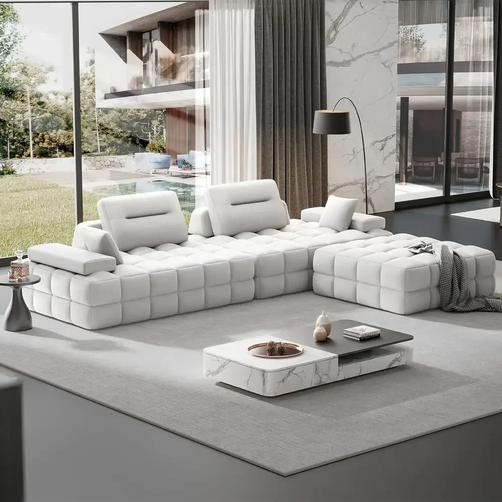 L-Shaped Sectional Sofa 132 with Storage Chaise, Bed & 6 Pillows, Durable Chenille Fabric for Living Room