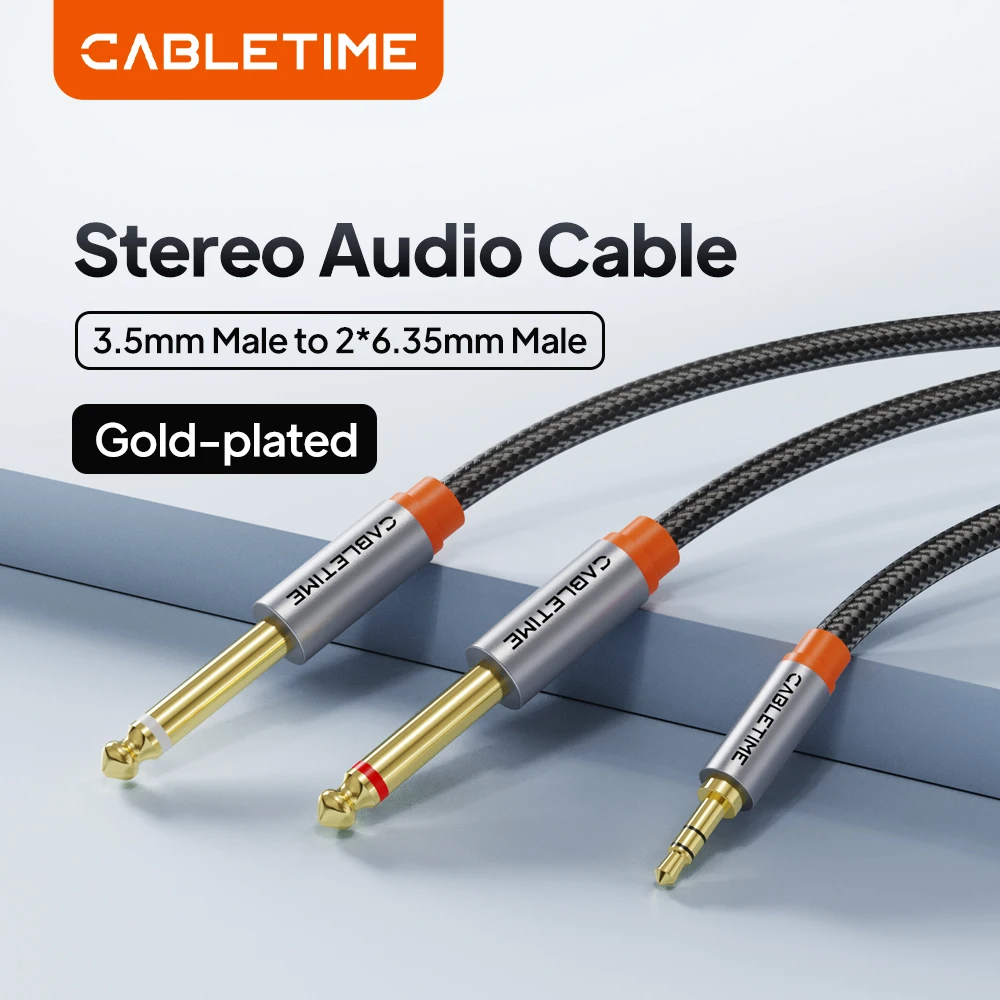 CABLETIME 3,5 mm a doble 6,5 mm TRS Cable de audio Adaptador auxiliar 6,5 Jack a Estéreo 3,5 Jack Cable para IPhone PC Mezclador de tarjeta de sonido