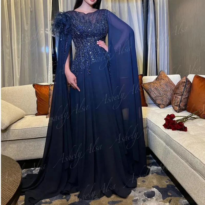 Customized Navy Blue Evening Dresses O-Neck Beaded Feather A Line Chiffon Women Formal Occasion Dress With Puffy Sleeve Prom