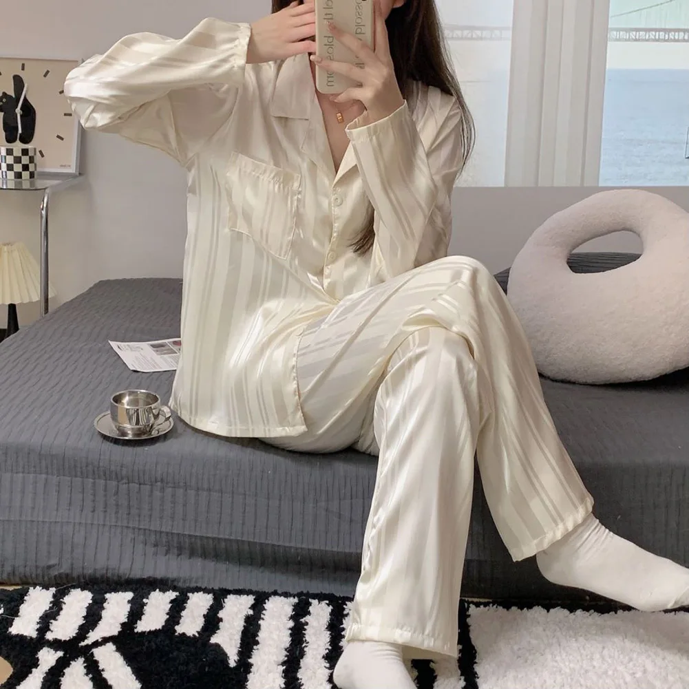 Ensemble de pyjamas en satin à rayures pour femmes, vêtements de maison décontractés, vêtements de nuit solides, vêtements confortables pour femmes