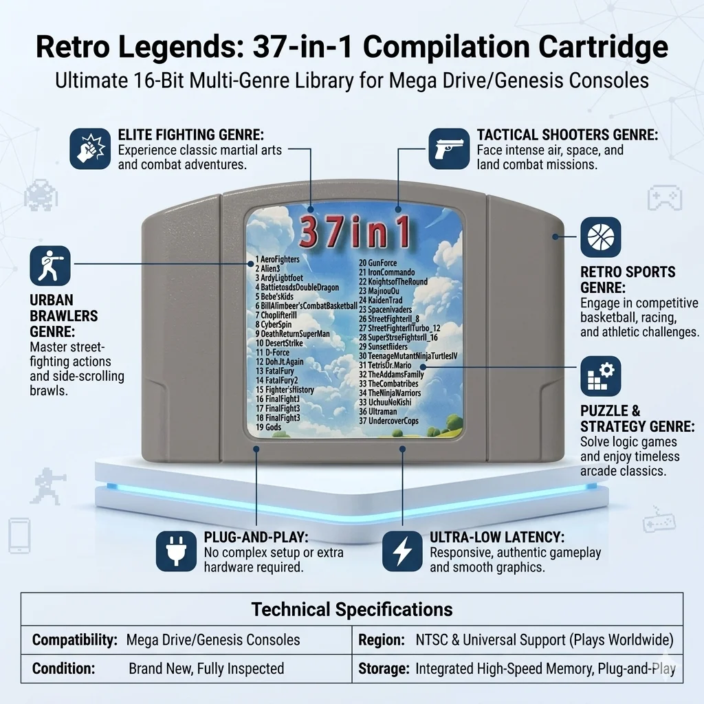 

Retro N64 Legends: 37-in-1 Compilation Cartridge - High-Quality Multi-Genre Gaming Experience