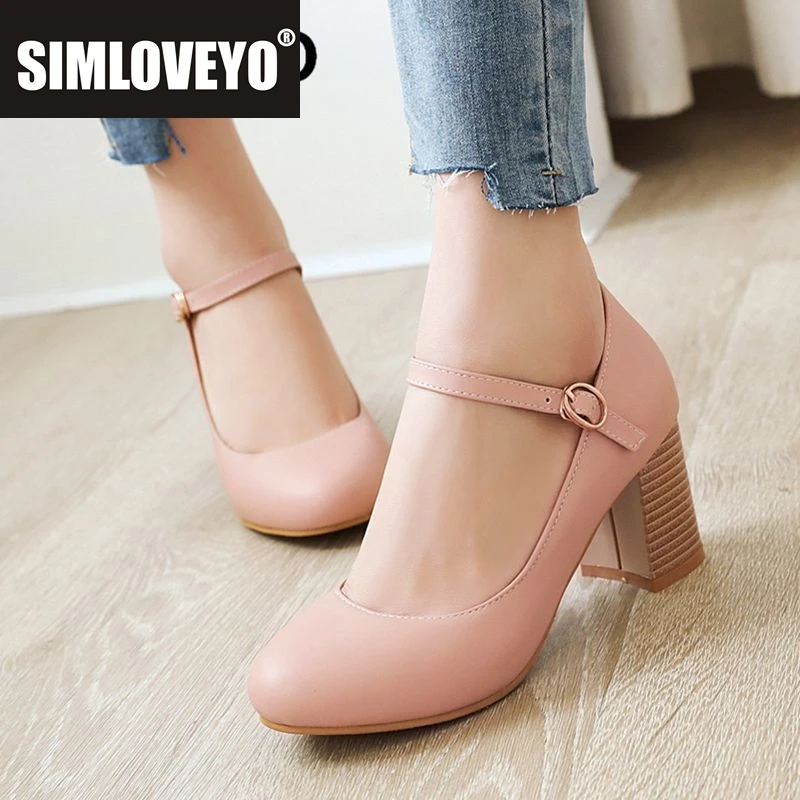 SIMLOVEYO trendy girlish Mary Jane dress shoes round toe chunky heel 7cm fastener band wide fit 44 45 46 sweet spring footwear
