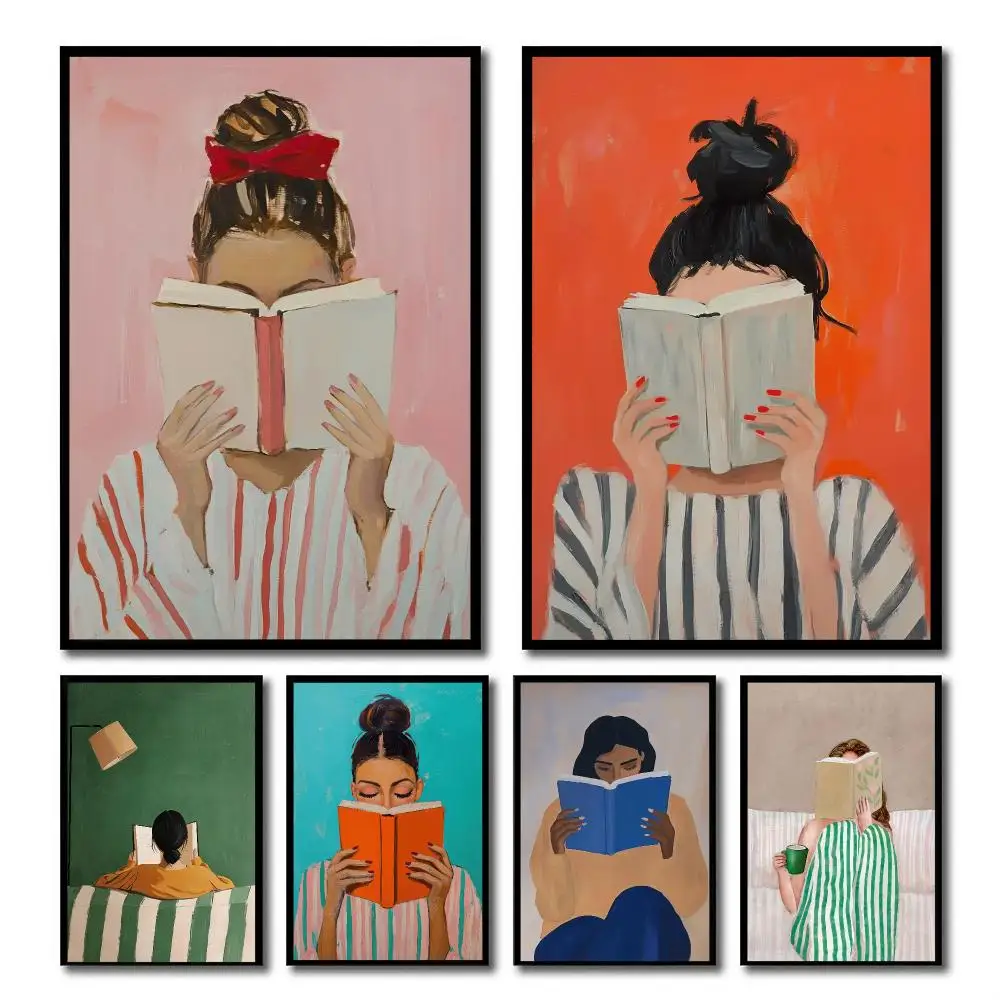 Lesende Frau HD-Wandkunst-Poster Buch-Illustration Feminine Gemütliche Abstrakte Porträtkunst Orangefarbener Druck Schlafzimmer Wohnzimmer Dekor