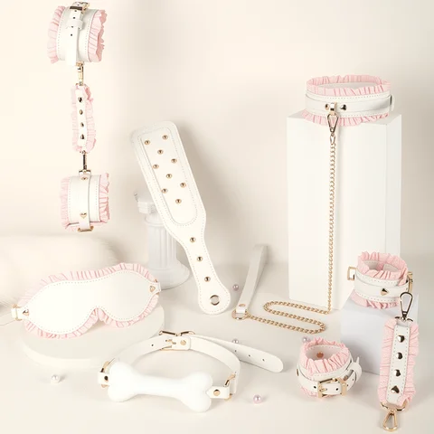 6 PCS BDSM Bondage Set White Maid Role Play Restraints Kit SM Fetish Toys Handcuff Slave Collar Blindfold for Couples sexx Games