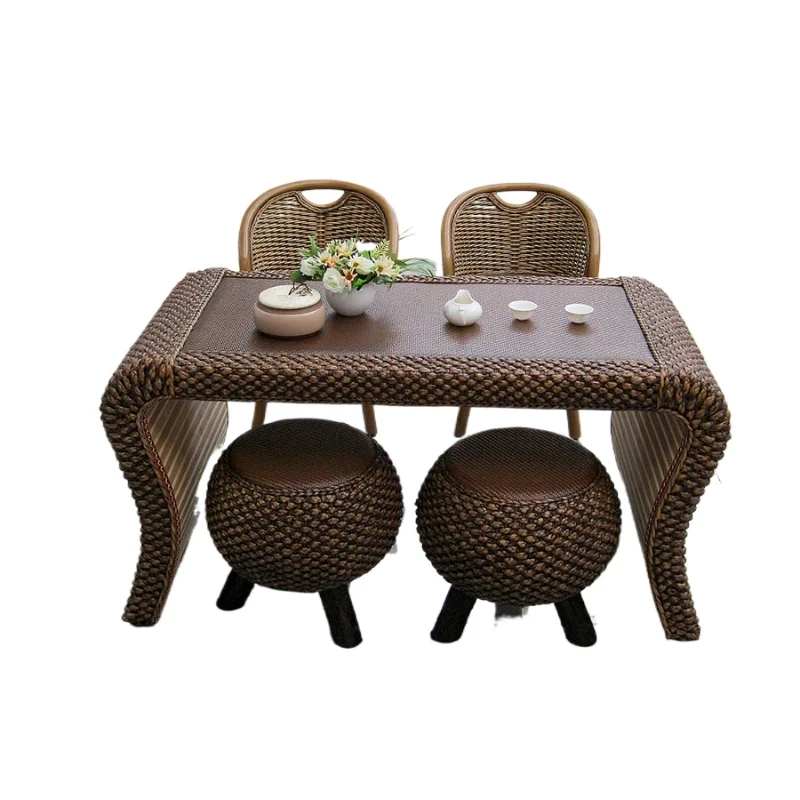 Balcony tea table and chair combination simple rattan solid wood leisure art coffee table Chinese retro kung fu tea table small