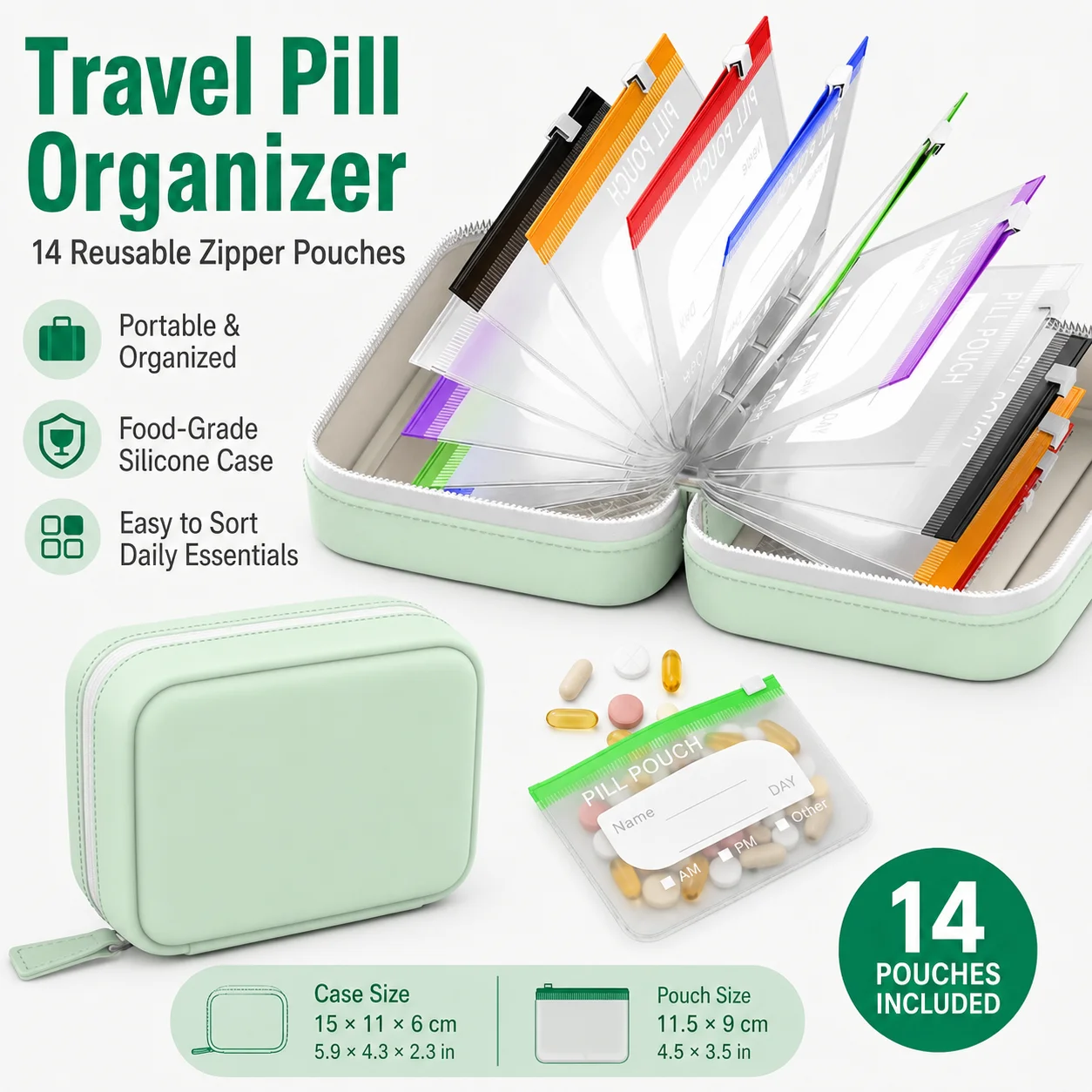 Food Storage Essentials - 旅行用ピルオーガナイザー、14個の再利用可能なジッパーポーチ付き、医薬品や日用品用の食品グレードシリコンケース
