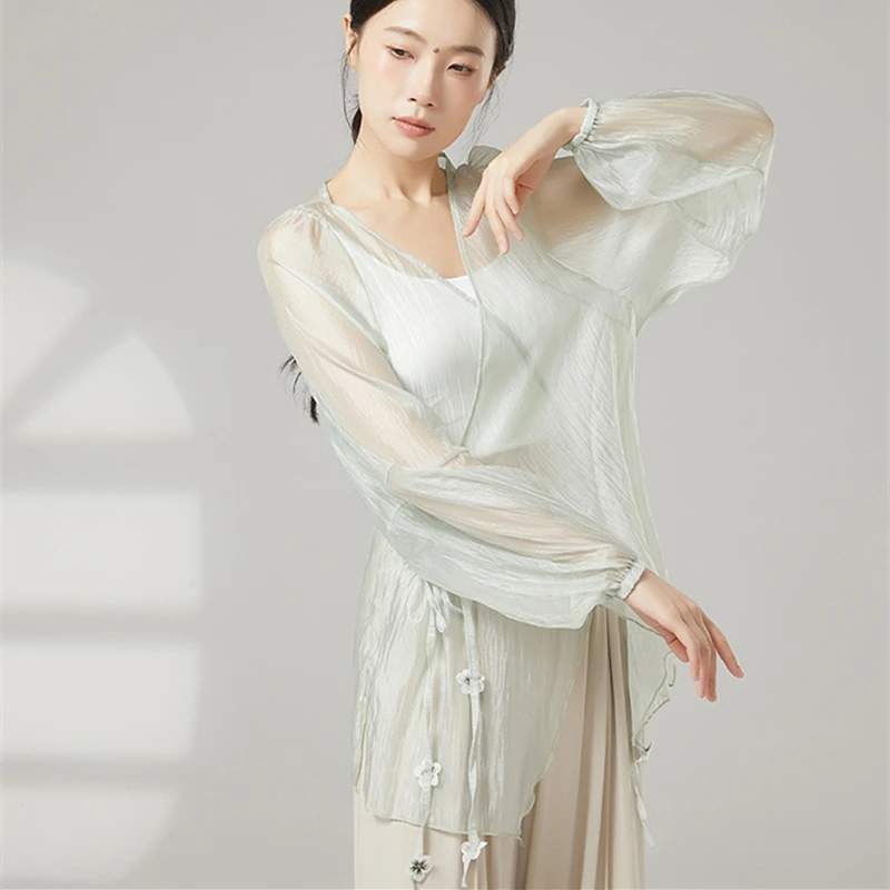 Modern Dance Top Damen Smock Langarm V-Ausschnitt Gaze Shirt Folk Performance Sheer Floating Bands Tied Lyrica Trainingskleidung