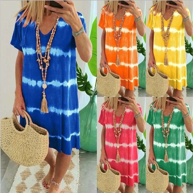 Summer Women Dress Casual Loose Fashion V-neck Tie-Dyed Short Sleeve Female Sundress With Print Sweet Clothing Ladies Outfits