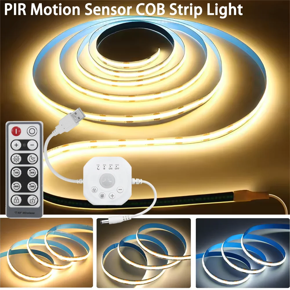 USB 5V COB LED Strip Light Flexible Dimmable Light PIR Motion Sensor LED Cabinet Light or Kitchen Wardrobe Cabinet Lighting Home