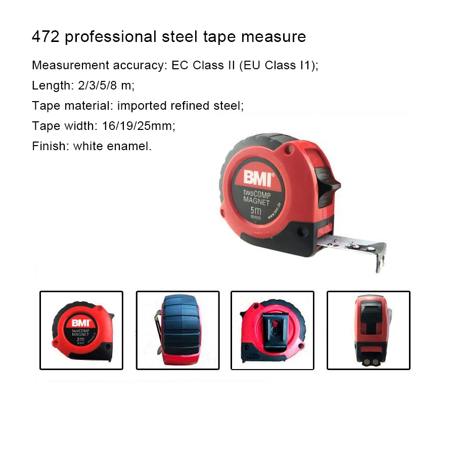 BMI Magnetic Tape Measure EC Class Ⅱ Resistant to Falling Woodworking Tool 2m/3m/5m/8m 472 Series