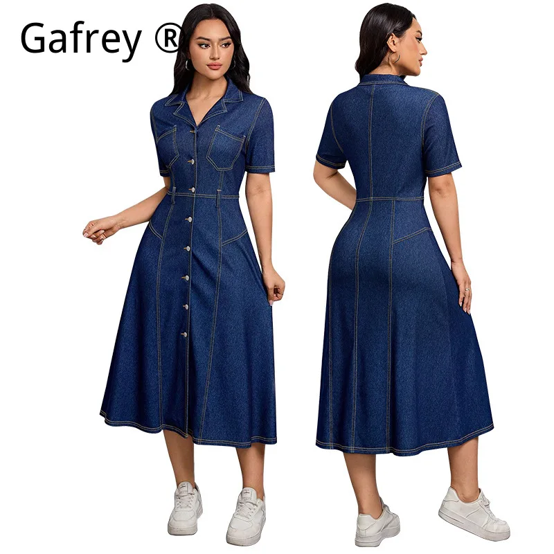 

Женское джинсовое платье миди с завышенной талией, тонкое, легкое, весенне-летнее, элегантное, модное, приталенное, повседневное, винтажное, нарядное