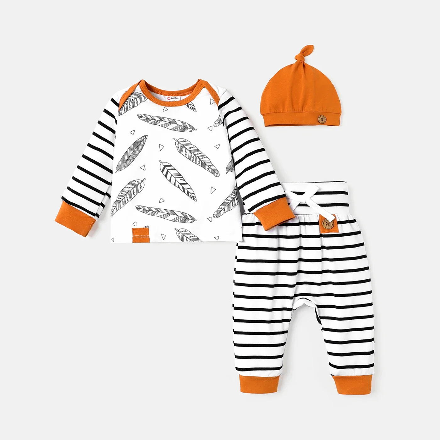 PatPat 3pcs Baby Boy/Girl 95% Cotton Long-sleeve Feather Print Top and Striped Pants & Hat Set Soft and Comfortable